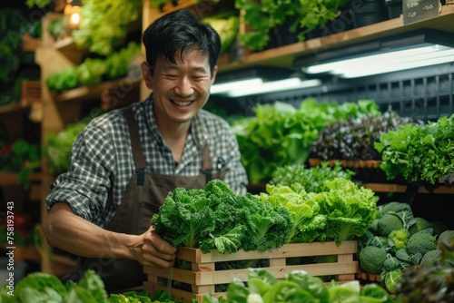 person in a greenhouse, Asian male farmer picking cos lettuce from a wooden vegetable container to add to the vegetable shelf in a shop with a happy smile on his face