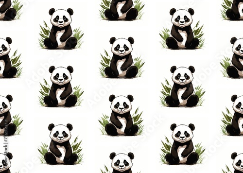 Painted panda in green grass on white background. AI seamless pattern. © MaxArtMix