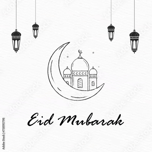Eid mubarak typography wishing banner with islamic background 
elemets, mosque, lamp, stars and moon