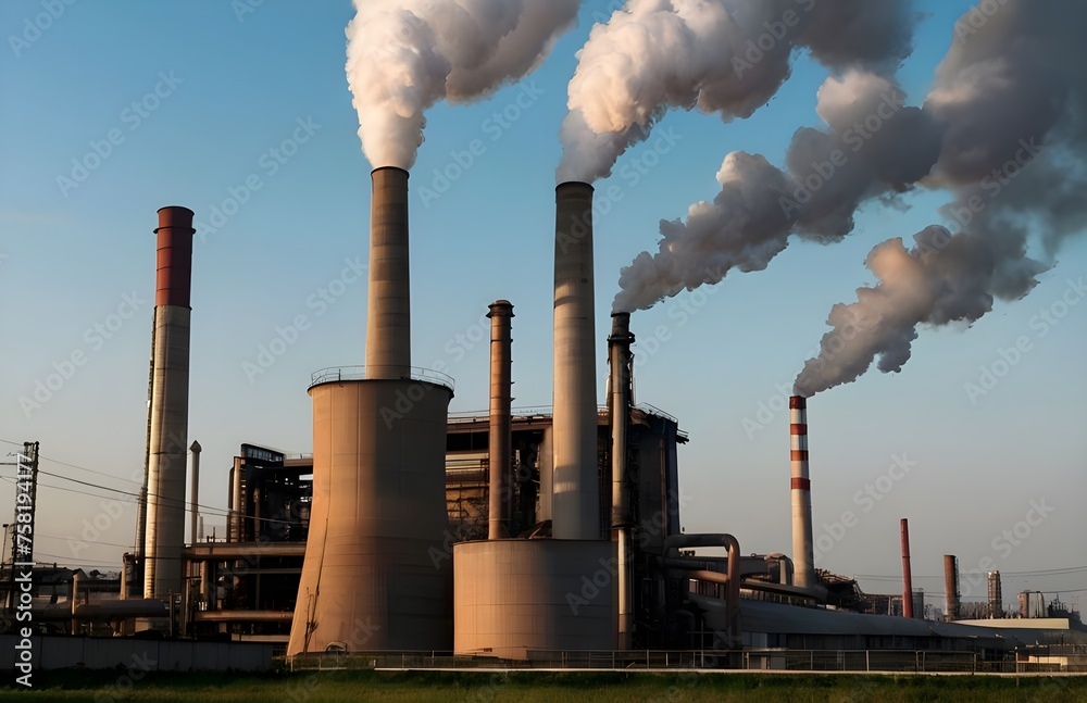 Industrial power plant with thick CO2 smoke coming from the chimney. Pollution footprint and carbon dioxide emissions from the burning of fossil fuels. Global warming caused by environmental problems.