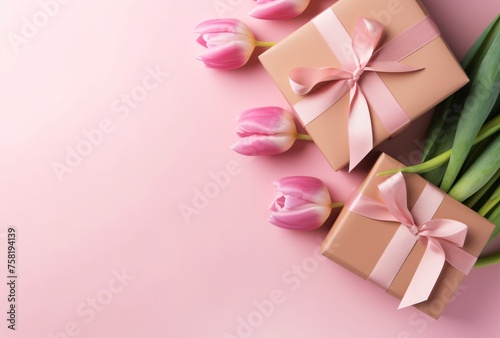 Elegant flat lay of tulips and wrapped gifts on pink background