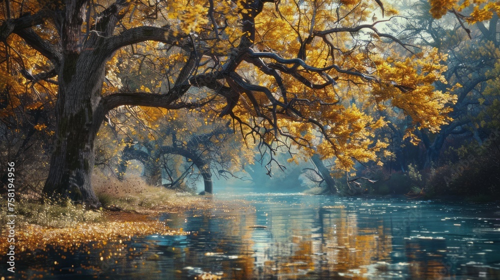 Colorful autumn trees alongside tranquil riverbank, nature's beauty in full display