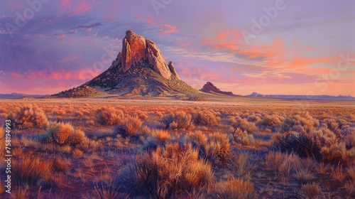 Vibrant sunset over iconic ship rock in new mexico's desert landscape photo