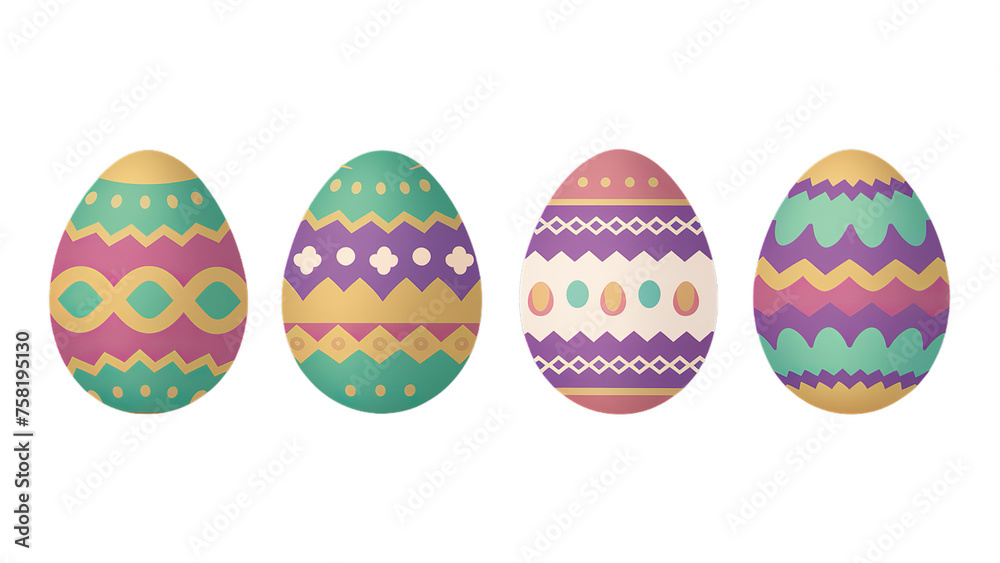 Happy Easter. Easter eggs with different texture on a transparent background.