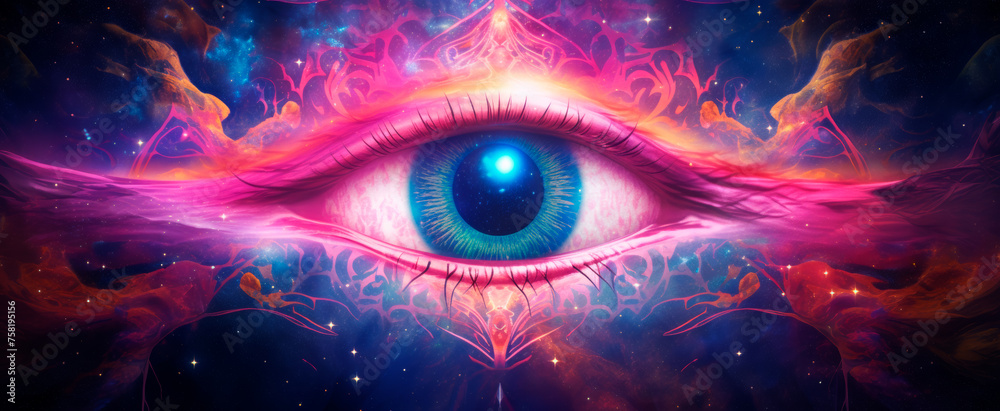 cosmic eye amidst starry nebula symbolizes foresight, a mystical banner for divination and future predictions - obrazy, fototapety, plakaty 