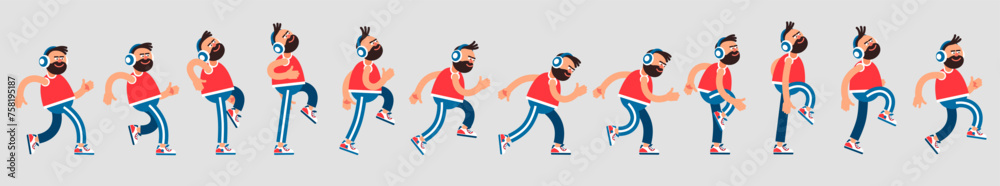 Bearded man in headphones cheerfully walks - a sequence of positions. Walking music lover frames for animation. Vector cartoon illustration.