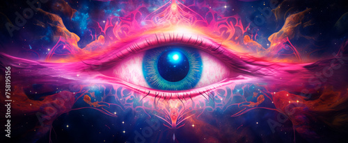 cosmic eye amidst starry nebula symbolizes foresight, a mystical banner for divination and future predictions