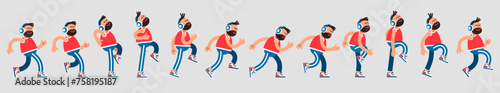 Bearded man in headphones cheerfully walks - a sequence of positions. Walking music lover frames for animation. Vector cartoon illustration.
