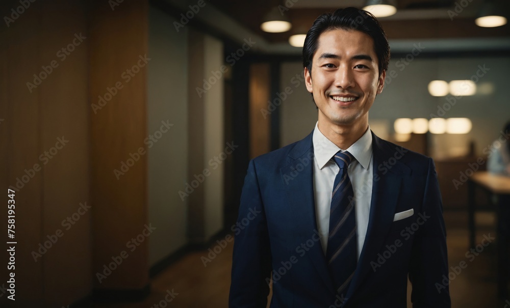 Portrait of smiling Japanese businessman in a blue suit inside a modern office Portrait of smiling Japanese businessman in a blue suit inside a modern office
