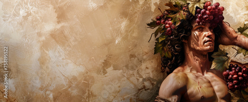 A pensive Dionysian figure adorned with grapevines, against a textured backdrop, invoking themes of wine and revelry in an artistic, vintage-style banner photo