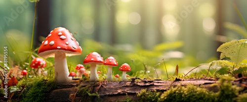 Vibrant red mushrooms with white spots capture a whimsical forest scene, hinting at fairy tales The sunlight filters through trees, suggesting magic or fantasy