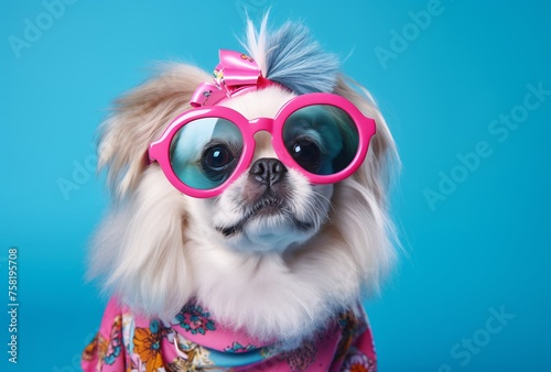 a portrait of a cute pekingese dog in a colorful clothing on blue background photo