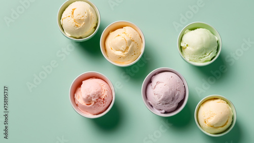Top view of Various of ice cream flavor in bowls on light green background.