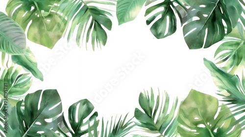 Frame with tropical leaves isolated on white background. Flay lay template with green plants monstera in watercolor style. Botanical illustration for wedding, banner, invitation, poster, greeting card