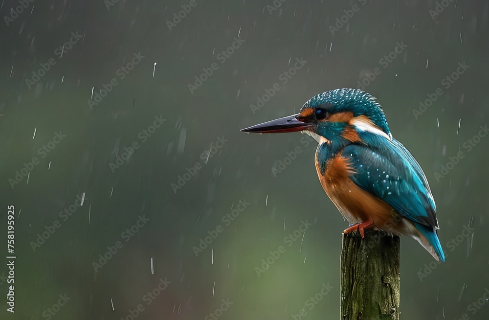 Obraz premium Kingfisher Perched in the Rain: A Stunning Wildlife Moment. Generative AI.