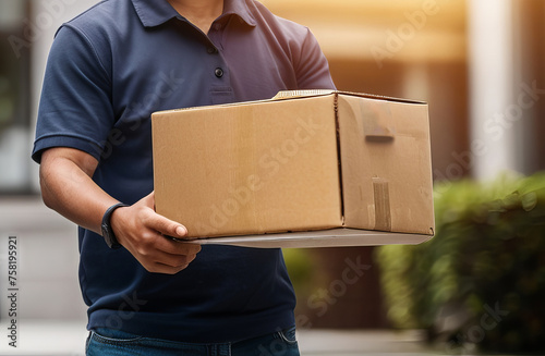 Efficient Delivery: Man Hand-Delivering Parcel Box to Satisfied Customer. Generative AI.