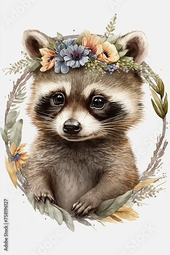 Beautiful watercolor raccoon baby portrait, great design with flowers crown. Cute wildlife animal cartoon drawing Poster design raccoon Isolated white background. include 