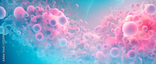 Vibrant digital illustration of an immune response, highlighted by vivid pink and blue hues, showcasing various virus-like particles engaged in an unseen micro-battle