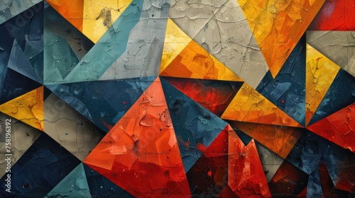 A painting of a colorful geometric design on a wall.