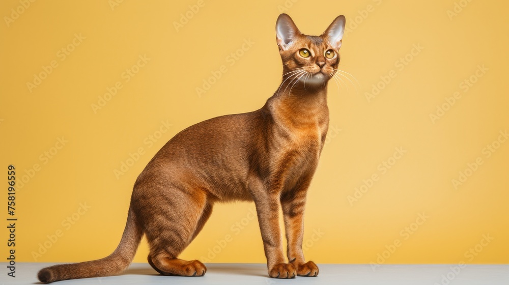 purebred Abyssinian cat on a yellow background