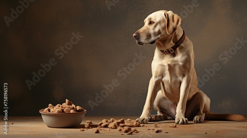 adult purebred labrador sits near a bowl of dry food photo