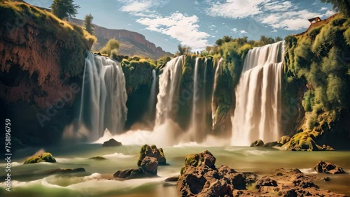 Famous Seljalandsfoss waterfall in South of Iceland, Ouzoud waterfalls, Grand Atlas in Morocco, AI Generated photo