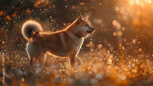 A big, super cute dog, stomping hard on the ground with his hind legs, raising the dust,profile, soft colors,high resolution, sunlight, amazing details,uhd image, fujiyoshitoyo, diamond wire © sania