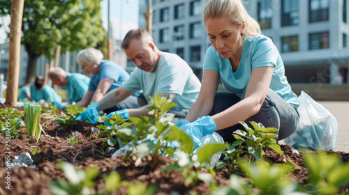 group of people, likely a family, engaged in planting a young tree, focusing on environmental care and education. © HelenP