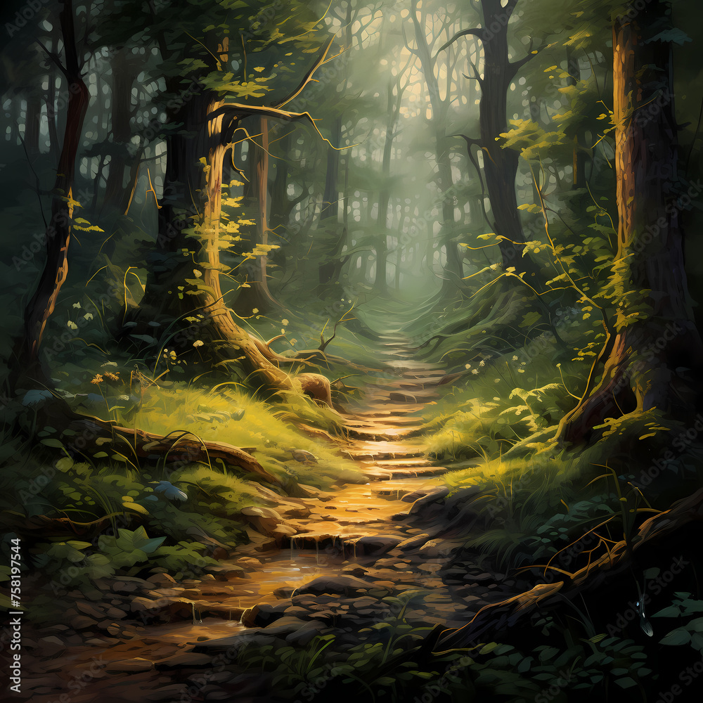 A tranquil forest scene with a winding path. 