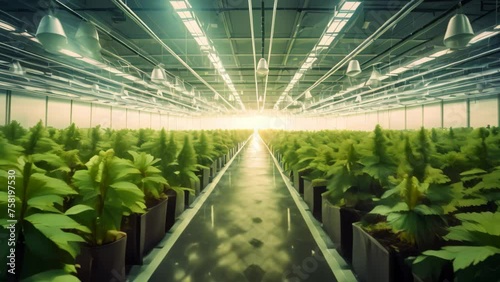 Blooming Cannabis Plantation in a Modern Greenhouse. Horizontal Image, Professional long and wide indoor hemp plantation in a modern industrial large hall, AI Generated
