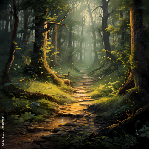 A tranquil forest scene with a winding path. 