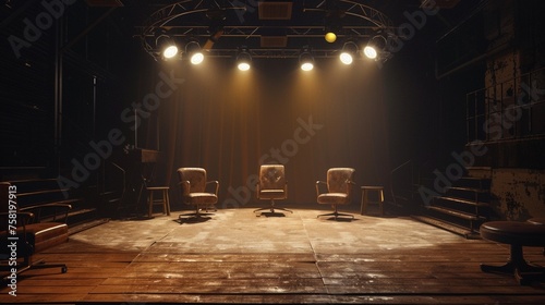 A dark stage with spotlights shining on four chairs, a wooden chair, an office chair, photo