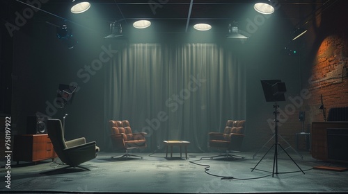 A dark stage with spotlights shining on four chairs, a wooden chair, an office chair,