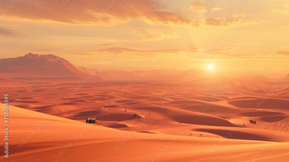 The sun dips below the horizon, casting a warm golden glow over the smooth, windswept sand dunes of a vast and majestic desert landscape. The sun sets over a vast desert. Resplendent.