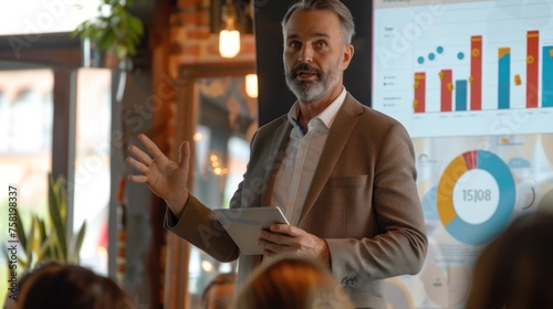 Confident businessman delivering a presentation consulting training persuading employees client group, mentor leader explain graph strategy at team meeting workshop photo