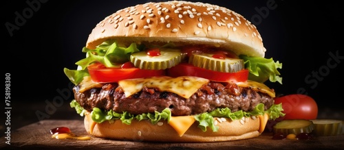 Juicy Cheeseburger with Fresh Lettuce and Tomato Slices on a Wooden Table