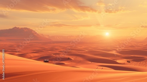 The sun dips below the horizon, casting a warm golden glow over the smooth, windswept sand dunes of a vast and majestic desert landscape. The sun sets over a vast desert. Resplendent. © Summit Art Creations