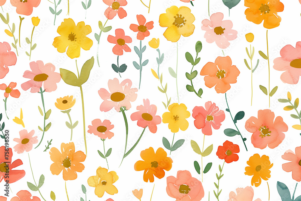 花の水彩イラスト、背景、壁紙、ピンク、黄色