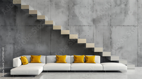 White sofa with vibrant yellow ad mustard pillows under minimalist staircase against concrete wall.
