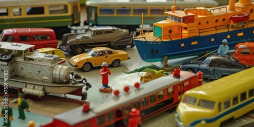 A table filled with a colorful assortment of toy cars and trucks, showcasing various makes and models. The miniature vehicles are neatly arranged, creating an exciting and vibrant scene of play and