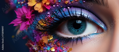 Vibrant Woman with Artistic Makeup Featuring Colorful Flowers on Her Face