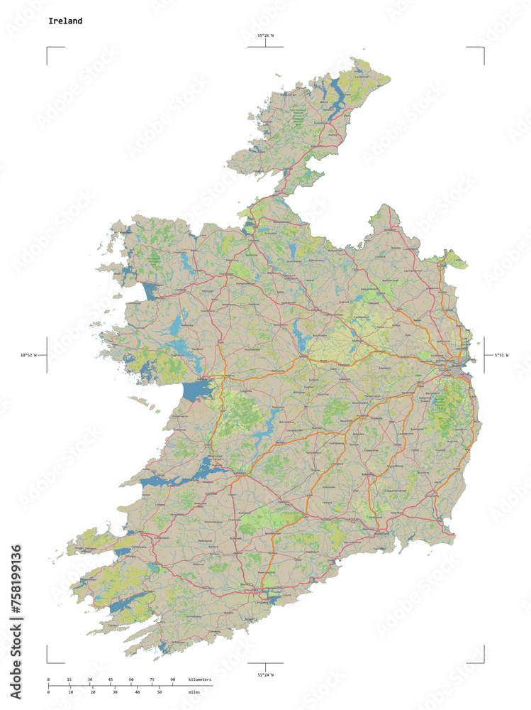 Ireland shape isolated on white. OSM Topographic German style map