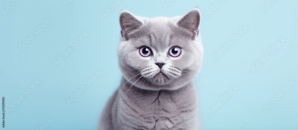 Serene Gray Cat Lounging on Vibrant Blue Background - Calm and Relaxed Feline Resting