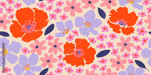 Exotic hand drawn flowers, seamless patterns with floral for fabric, textiles, clothing, wrapping paper, cover, banner, home decor, abstract backgrounds.