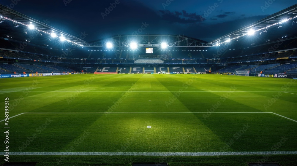 empty soccer stadium at night with bright field lights and a perfectly manicured pitch. The stadium seating and structural elements are visible, creating a sense of anticipation for an upcoming event empty soccer stadium at night with bright field lights and a perfectly manicured pitch. The stadium seating and structural elements are visible, creating a sense of anticipation for an upcoming event