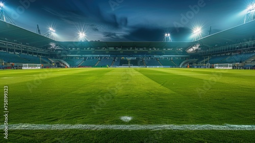 empty soccer stadium at night with bright field lights and a perfectly manicured pitch. The stadium seating and structural elements are visible, creating a sense of anticipation for an upcoming event