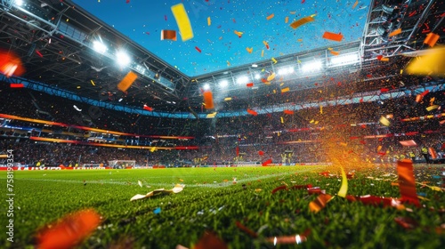 a vibrant scene at a soccer stadium with confetti flying through the air, indicating a celebration, possibly after a goal or a victory.
