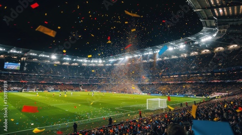 a vibrant scene at a soccer stadium with confetti flying through the air, indicating a celebration, possibly after a goal or a victory. © romanets_v