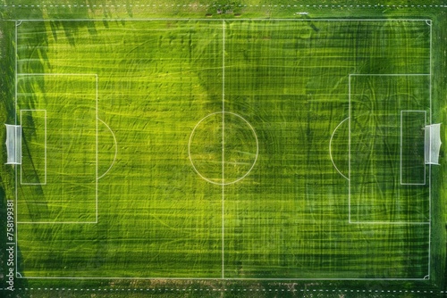 an aerial view of a vibrant green soccer field, showing the lines marking the playing areas, including the center circle, penalty areas, and the goals