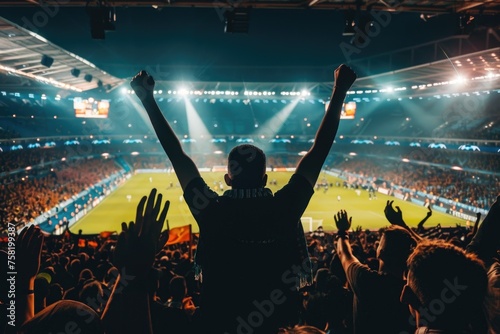 excited atmosphere of a soccer match from the perspective of the crowd in the stands. A fan is raising his hands in the air, likely cheering for a good play or a goal with the illuminated soccer field